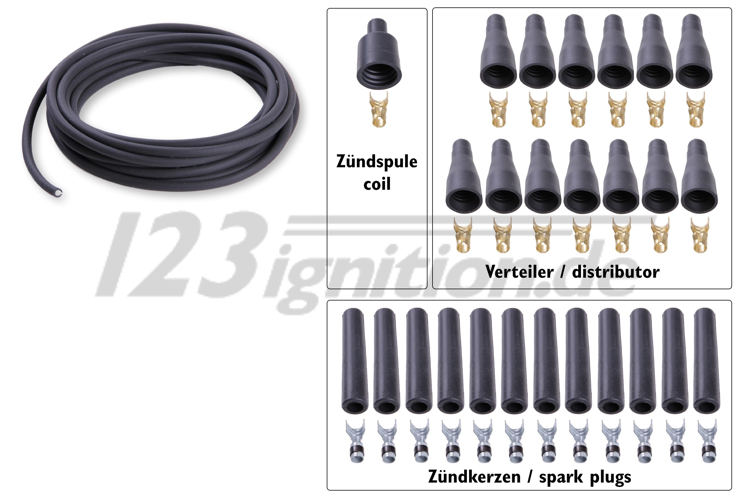 high performance ignition lead set for 12 cylinder engines in black, 7 mm, straight spark plug boots, straight distributor boots, straight coil boot