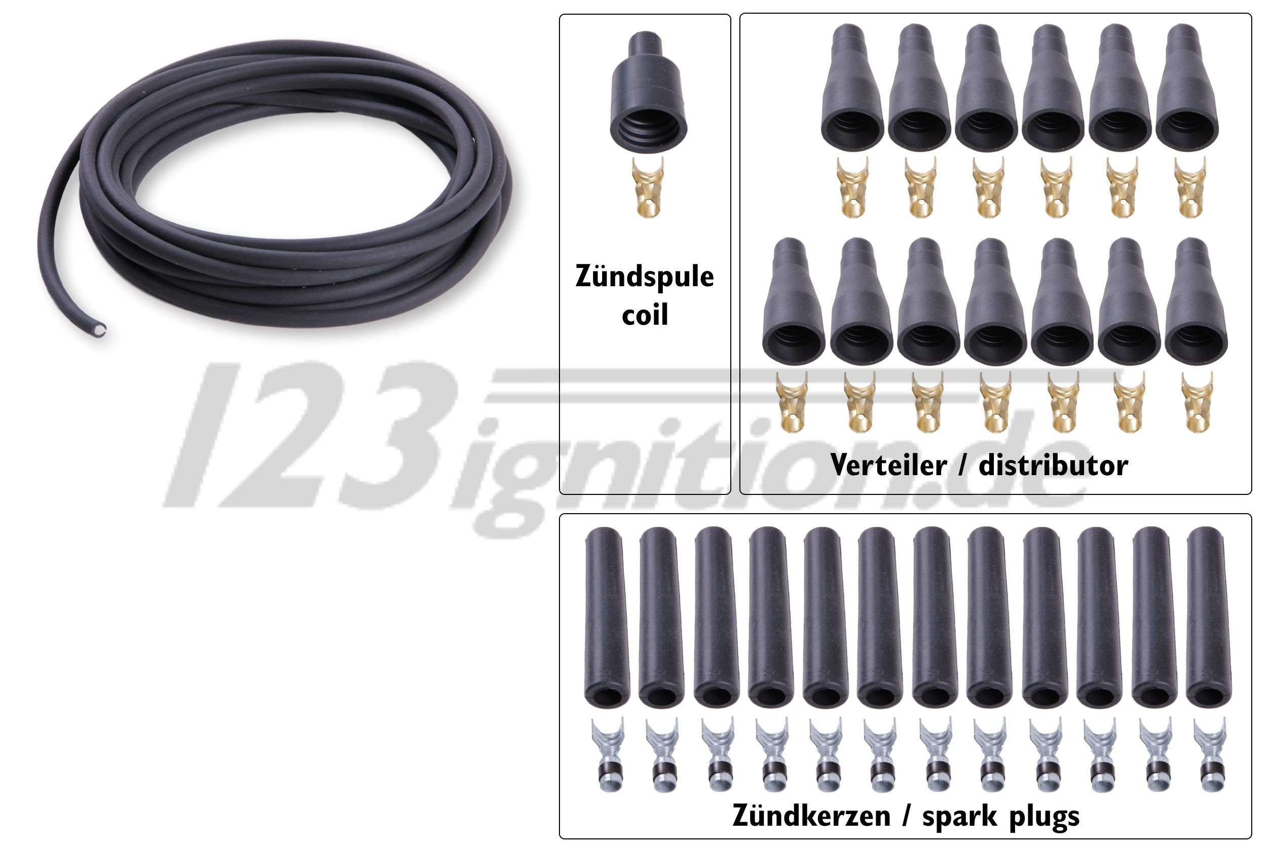 Hochleistungszündkabelsatz für 12 Zylinder Motoren in schwarz, 7 mm, gerade Zündkerzenstecker, gerade Verteilerstecker, gerader Zündspulenstecker
