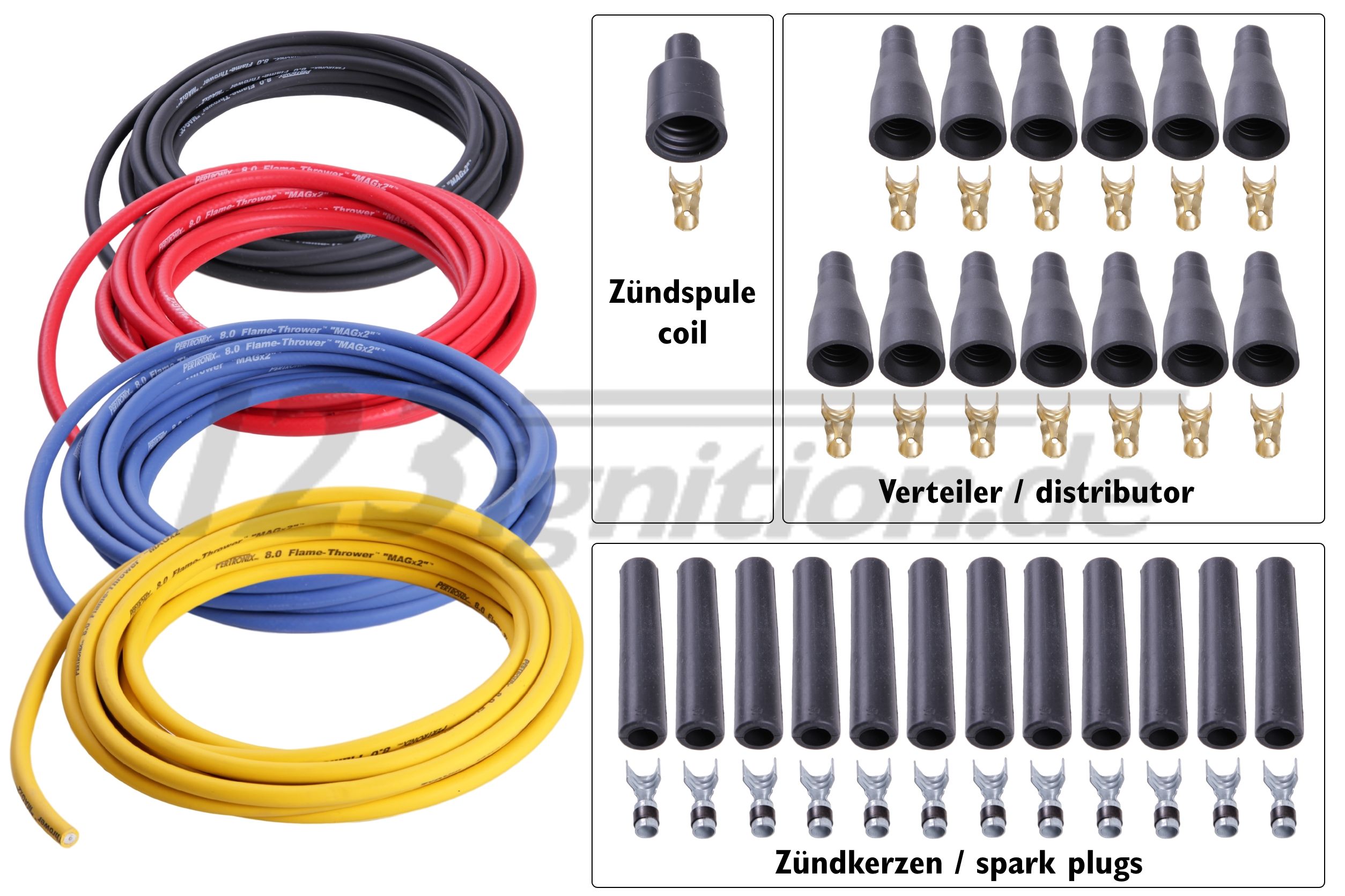 high performance ignition cable set for 12 cylinder engines, 8 mm in black, red, blue and yellow, straight spark plug boots, straight distributor boots, straight coil boot