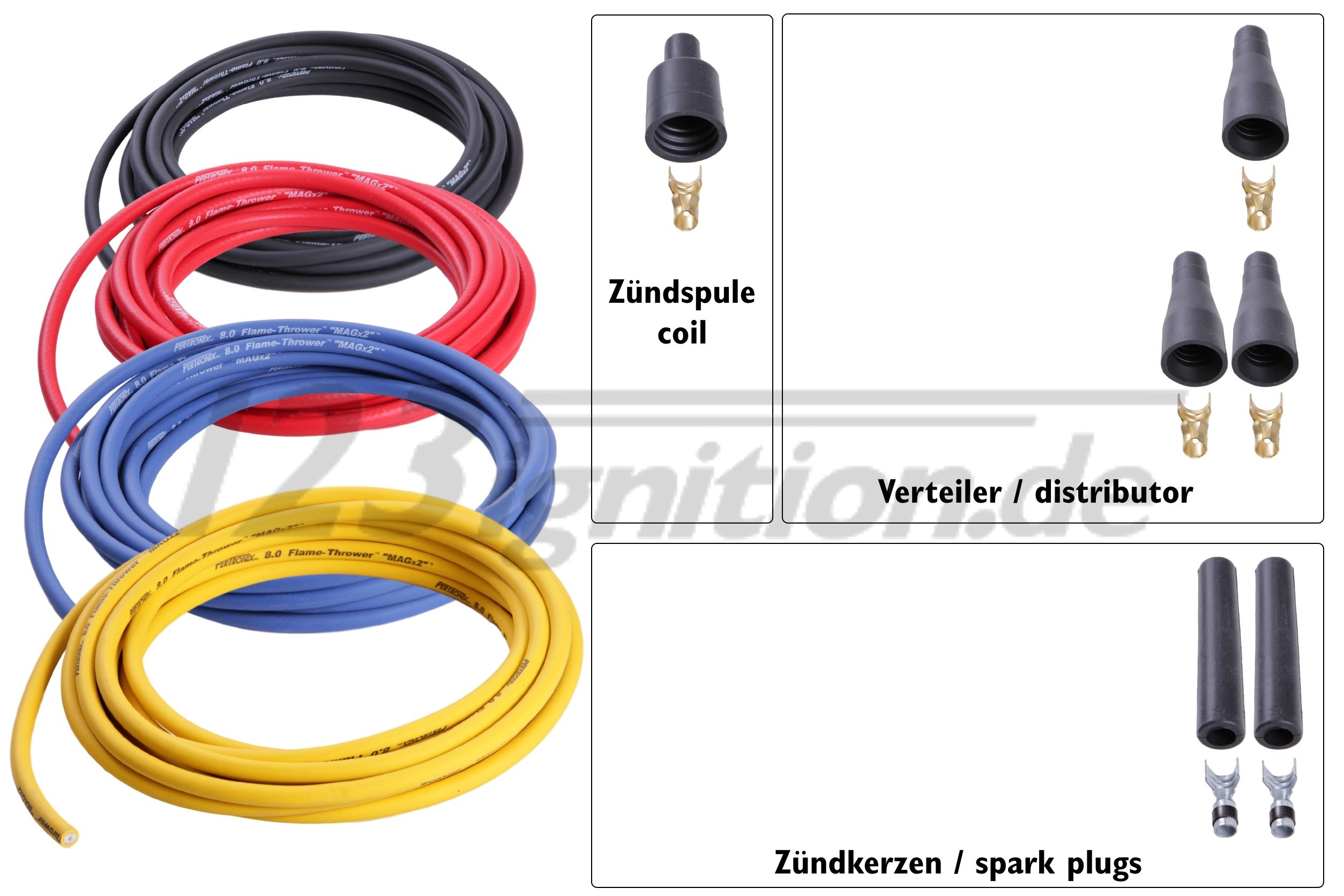 high performance ignition cable set for 2 cylinder engines, 8 mm in black, red, blue and yellow, straight spark plug boots, straight distributor boots, straight coil boot