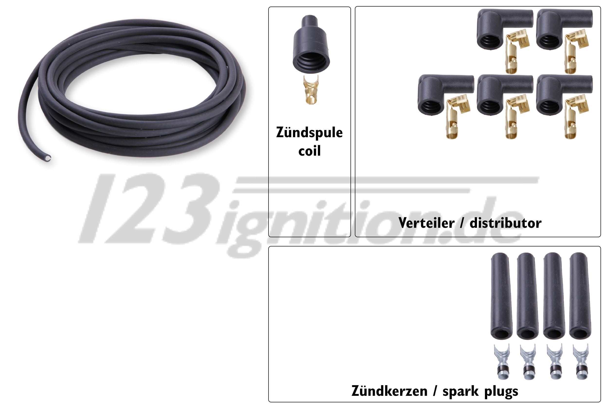 Hochleistungszündkabelsatz für 4 Zylinder Motoren, 7 mm in schwarz, gerade Zündkerzenstecker, gewinkelte Verteilerstecker, gerader Zündspulenstecker