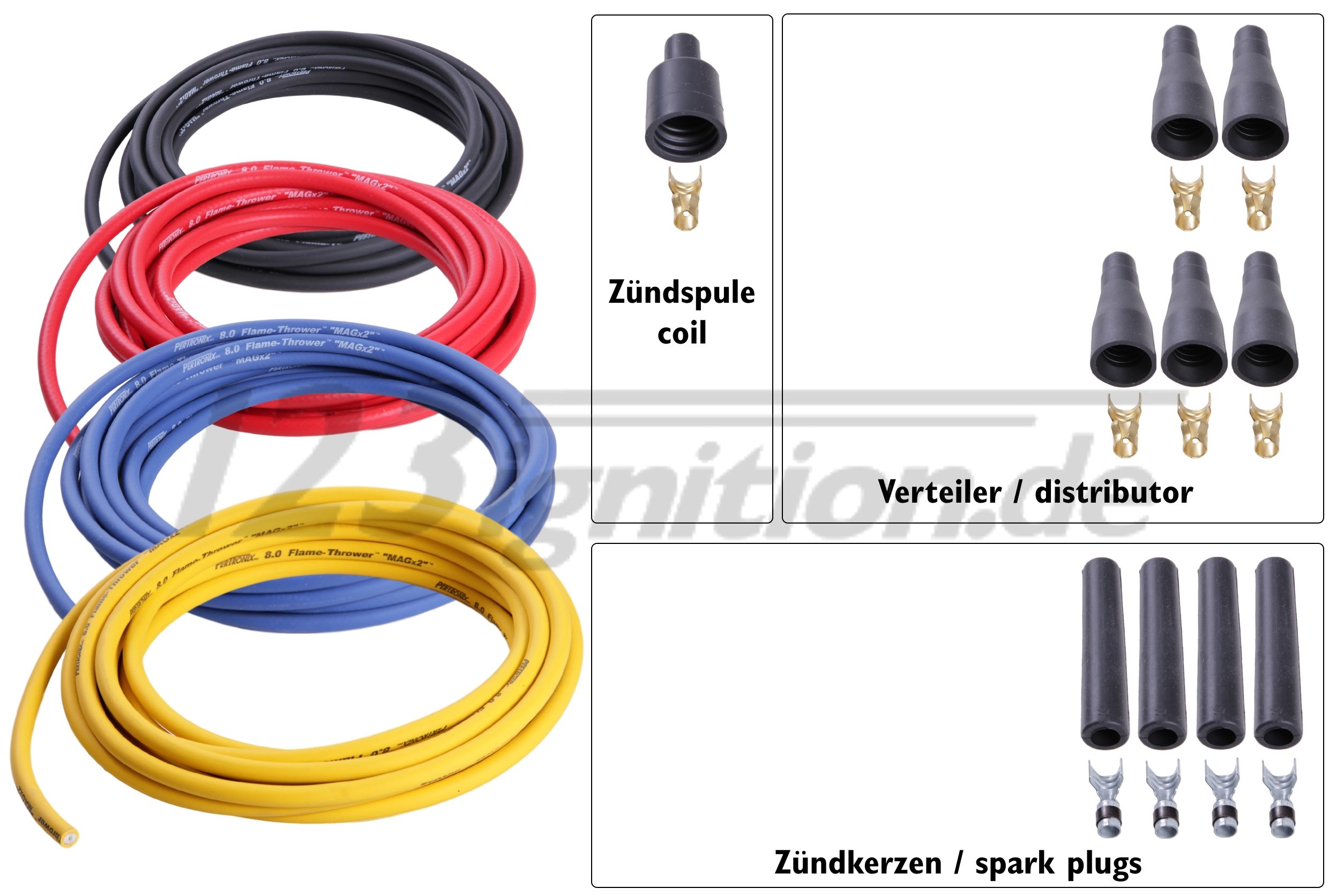 high performance ignition cable set for 4 cylinder engines, 8 mm in black, red, blue and yellow, straight spark plug boots, straight distributor boots, straight coil boot