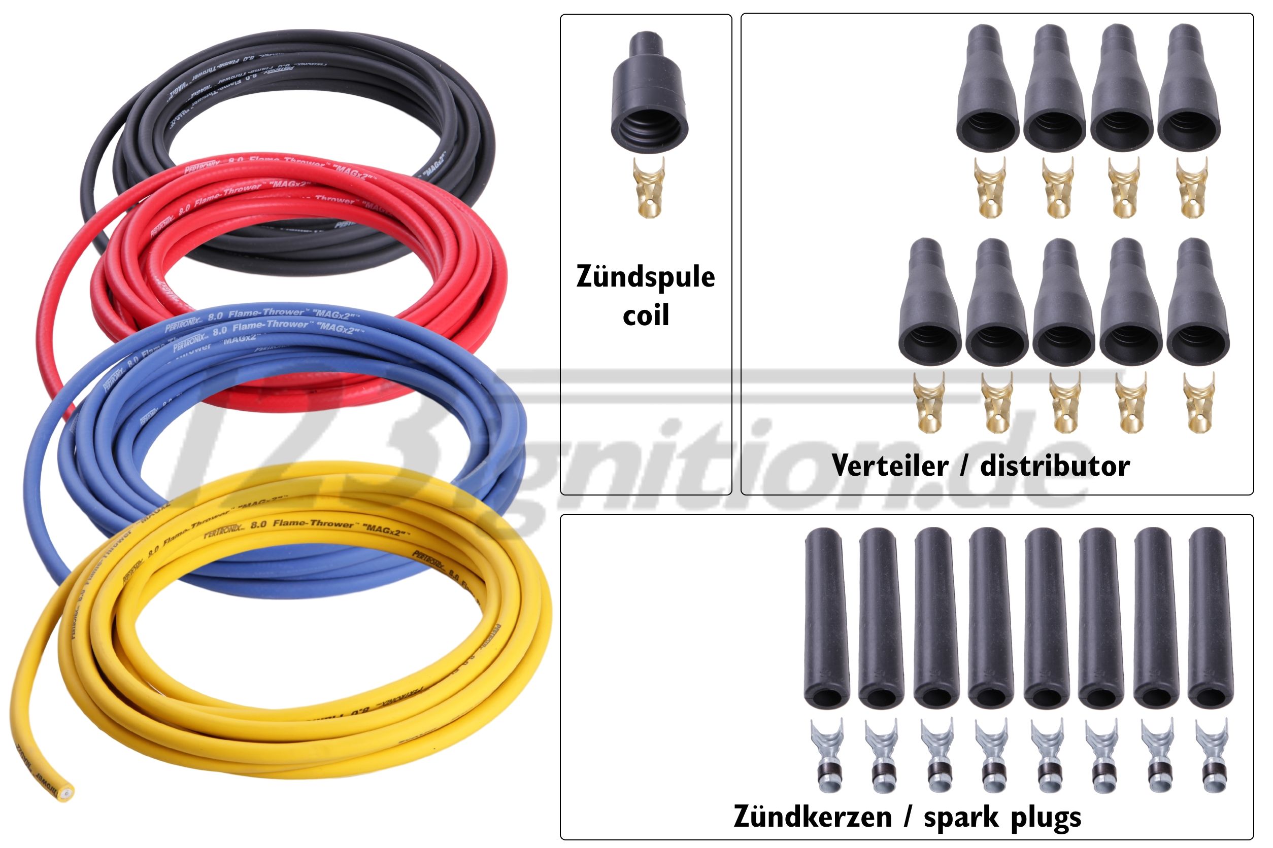 high performance ignition cable set for 8 cylinder engines, 8 mm in black, red, blue and yellow, straight spark plug boots, straight distributor boots, straight coil boot